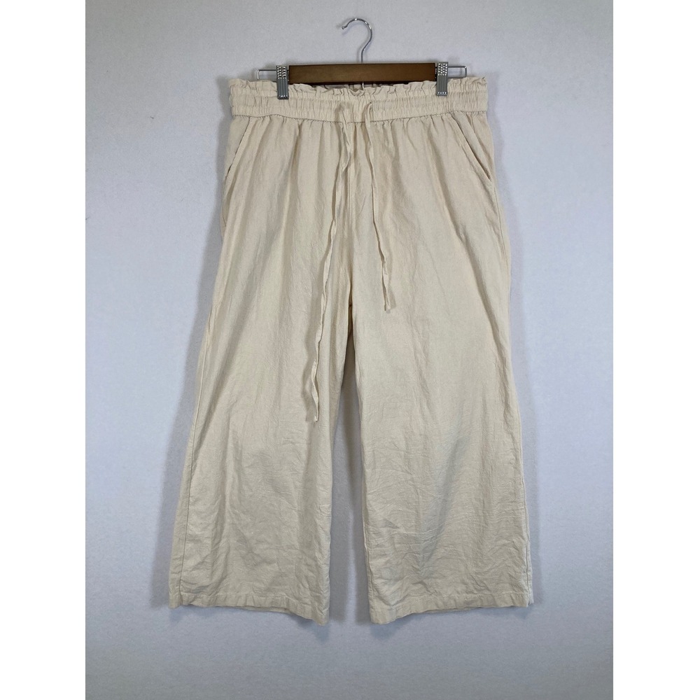 Boho Wide Legβ Pants Women Large Cream Linen Cotton Paperbag Waist Drawstring